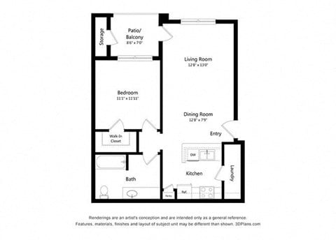 Floor plan for 1 bed, 1 bath, 680 sqft
